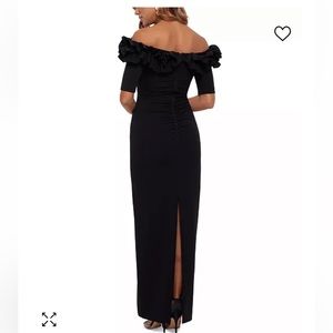 Xscape Ruffled off the shoulder gown, black, size 10